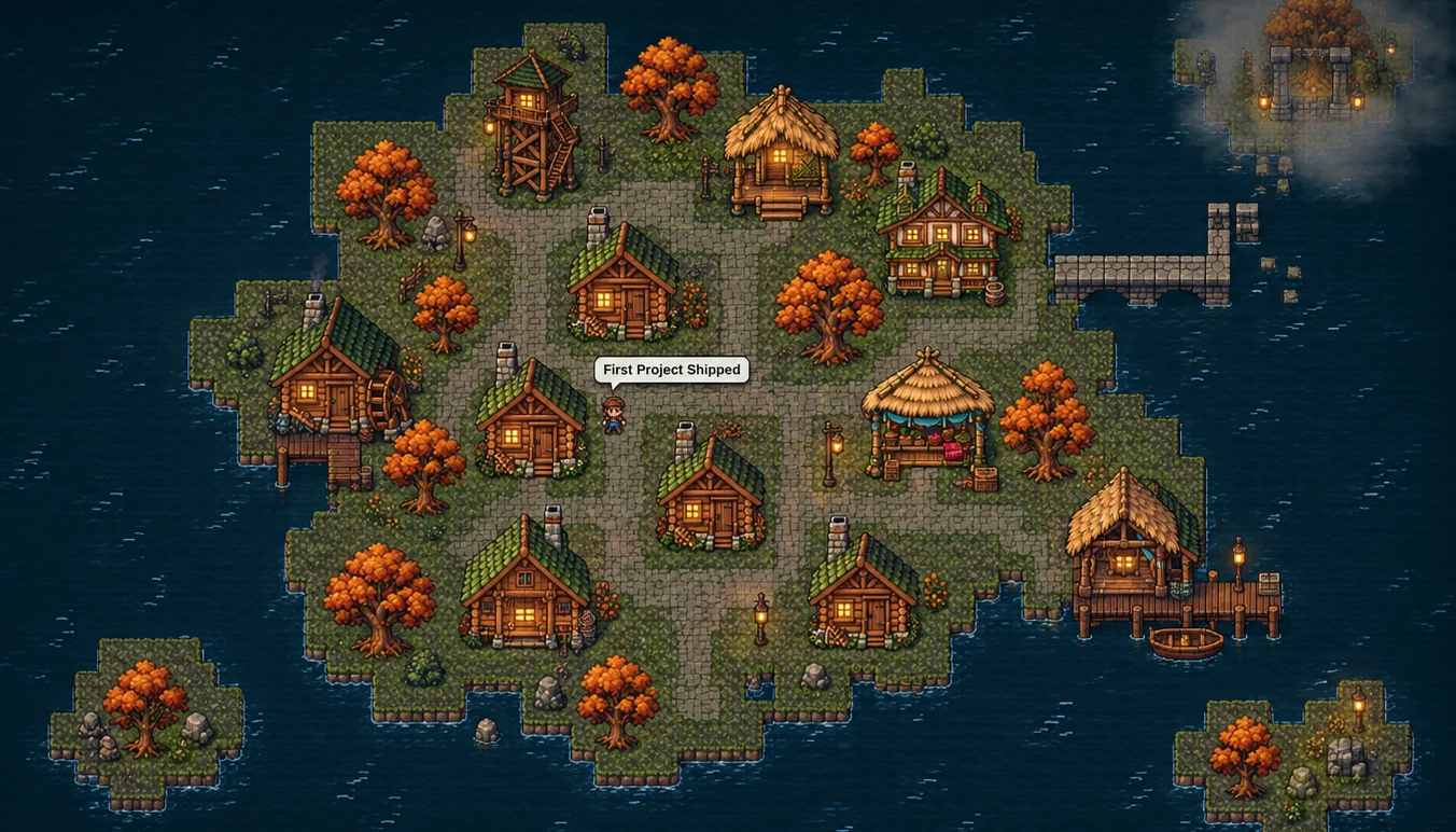 Illustration of a Nova Atlas island in autumn at dusk: wooden cabins, a watchtower and a market stall among orange trees, with a half-built stone bridge reaching toward a goal island hidden in fog.