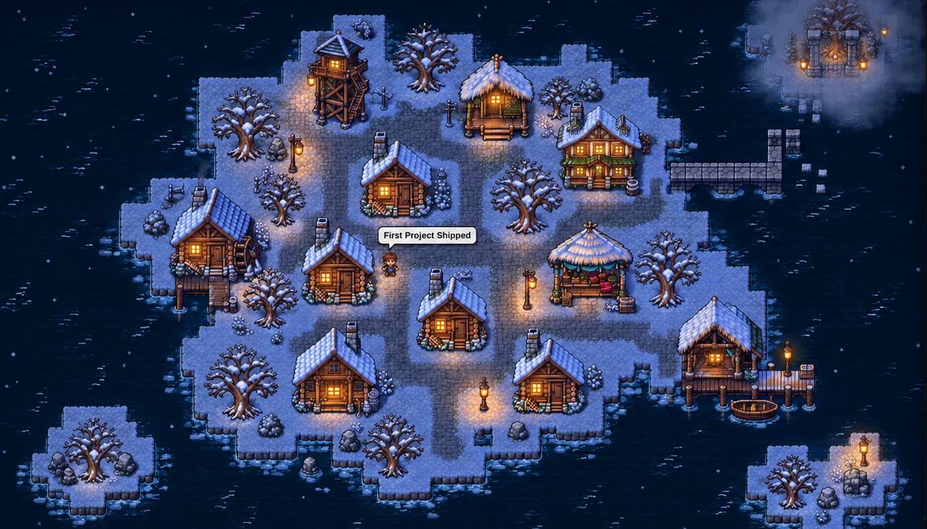 The same Nova Atlas island in winter at night: snow on the roofs, paths and bare trees, lit windows and lanterns, and the fogged goal island at the end of the unfinished bridge.