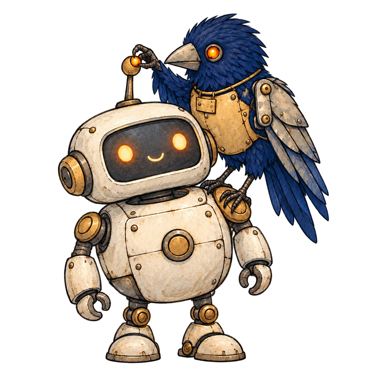 The Garaku Yard workshop crew: a mechanical raven perched on a small robot