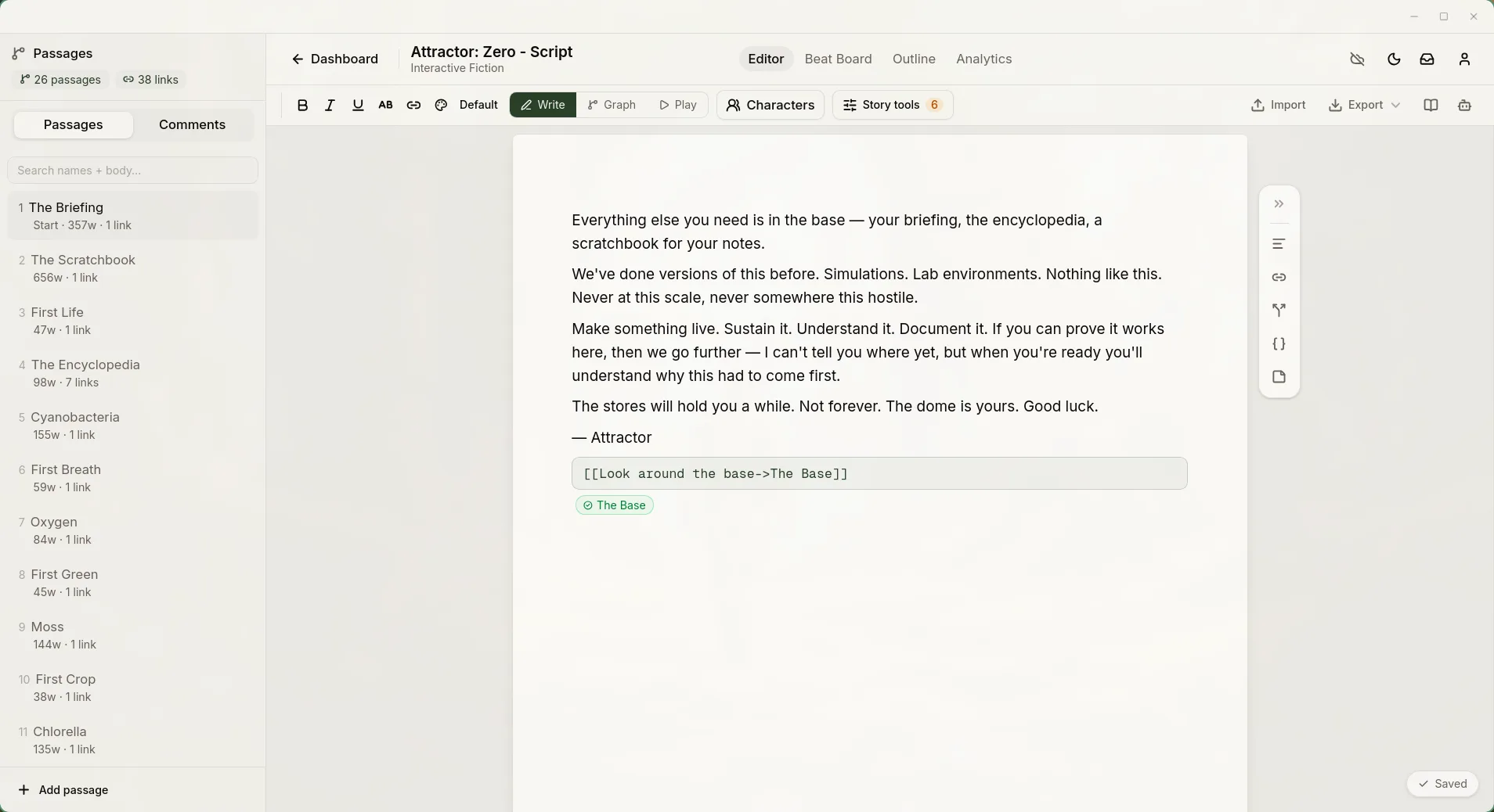 Inkwell’s interactive fiction editor open on a passage from the Attractor: Zero script, with the passage list in the sidebar.
