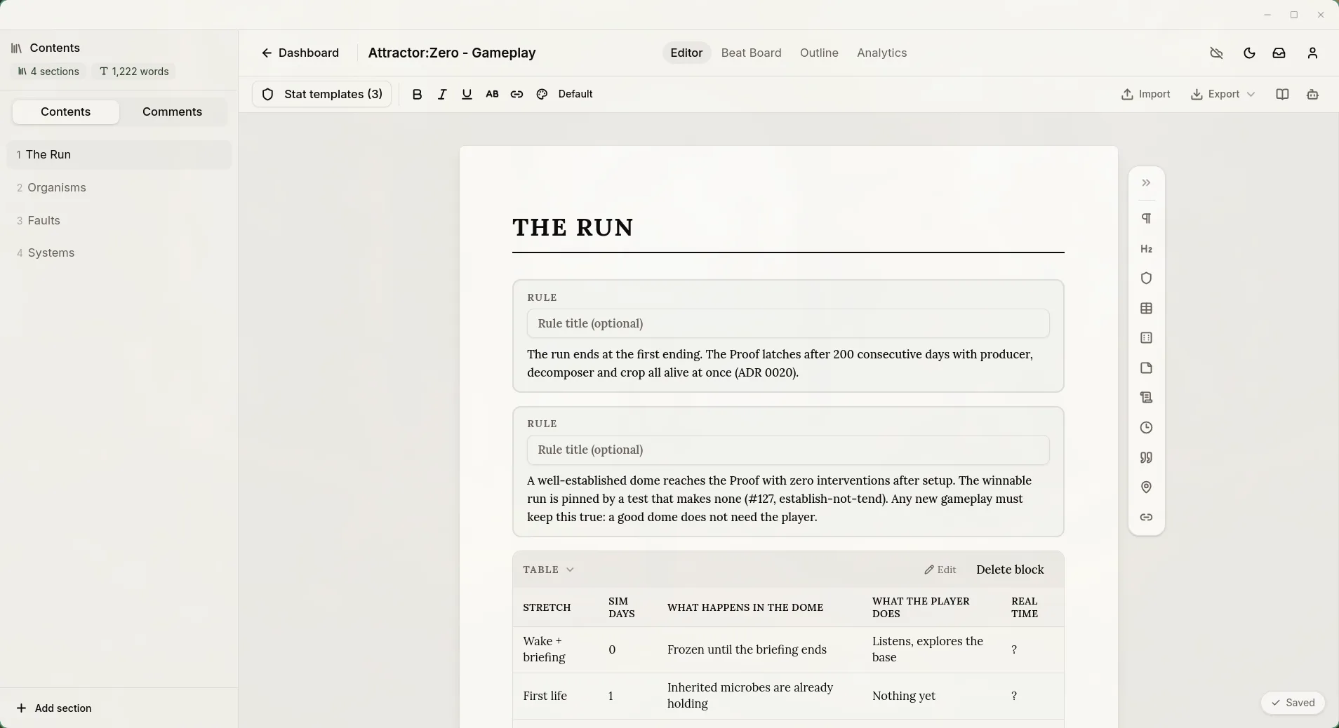 Inkwell’s TTRPG editor showing Attractor: Zero’s gameplay rules as rule blocks and a table.