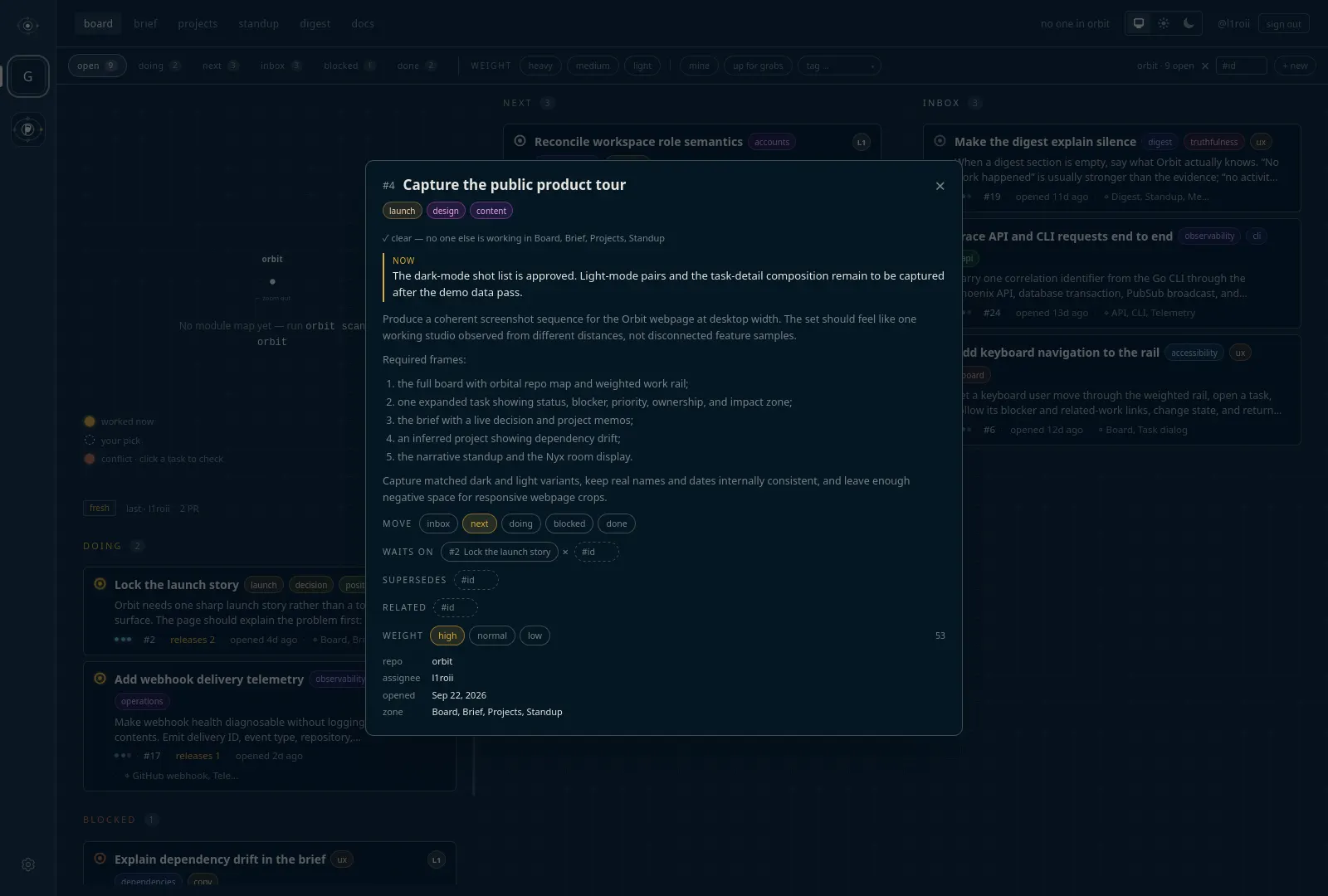 An expanded Orbit task showing its status, blocker, priority, owner, and impact zone.