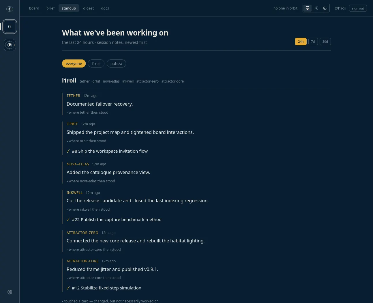 Orbit standup view showing recorded work across several repositories.