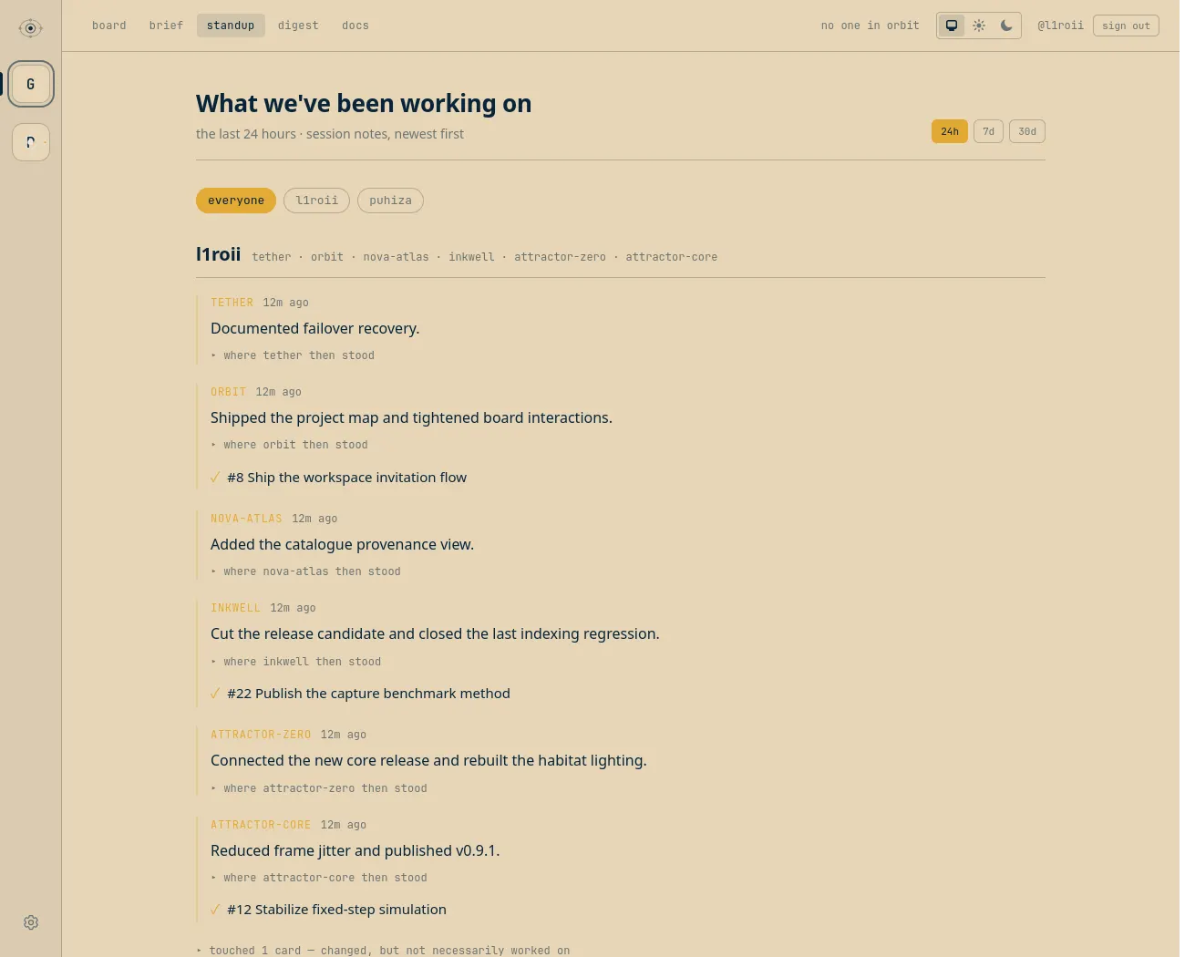 Orbit standup view showing recorded work across several repositories.